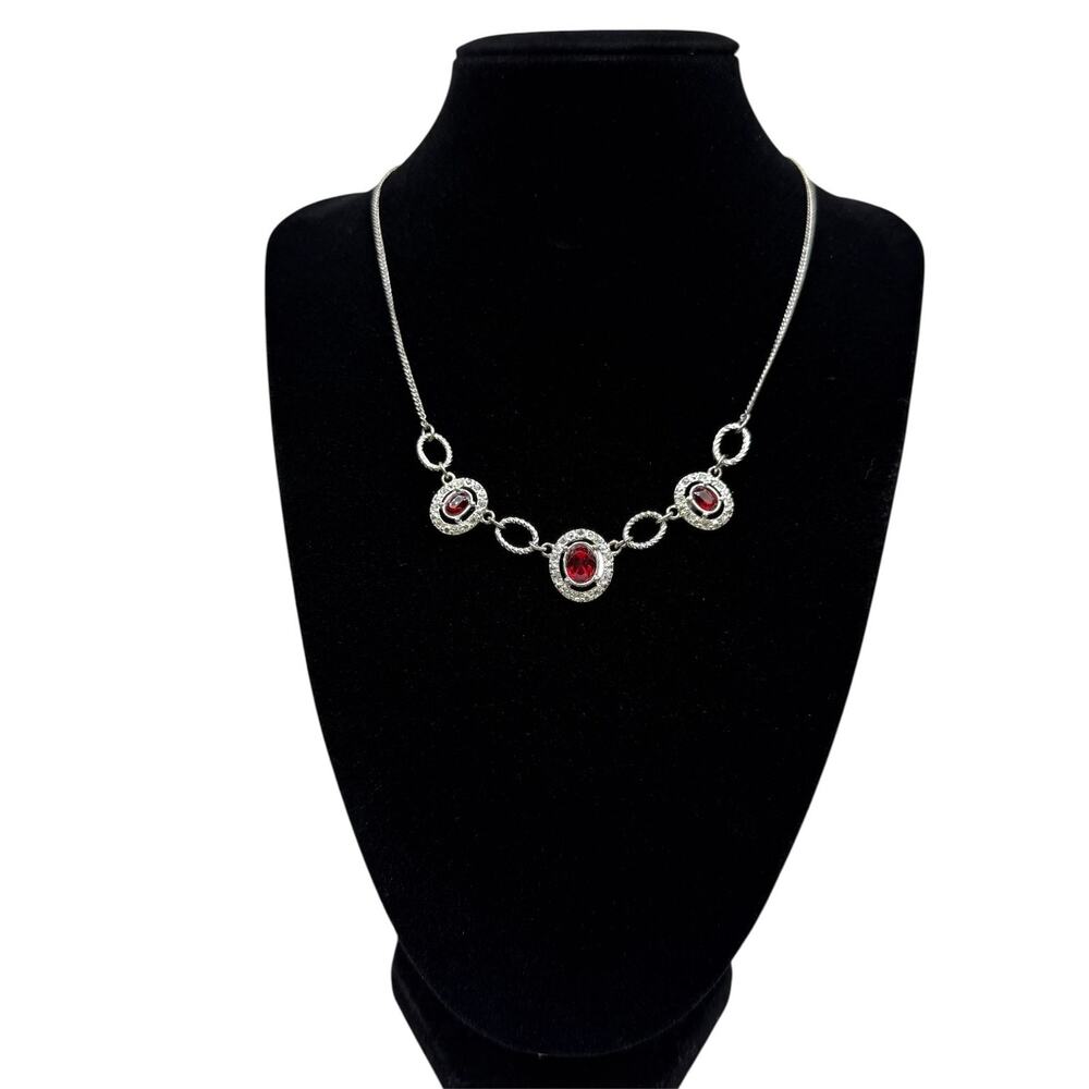 Elegant Red Oval Stone Necklace Silver Tone Clear Accents Fashion Jewelry 16in